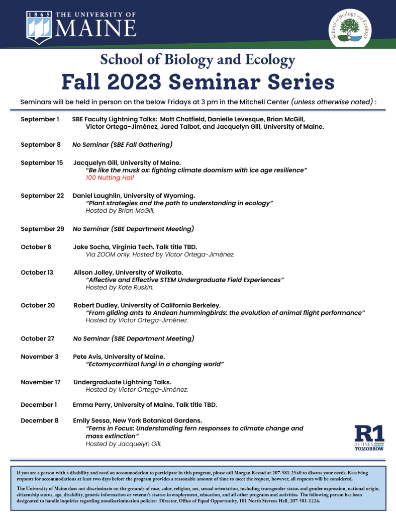 SBE Fall 2023 Seminar Series full schedule. The information on the image can all be found via the image link.