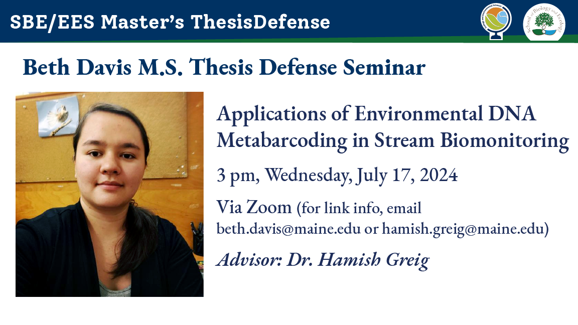 Beth Davis MS thesis defense seminar ad, with photo of Beth in her grad office space