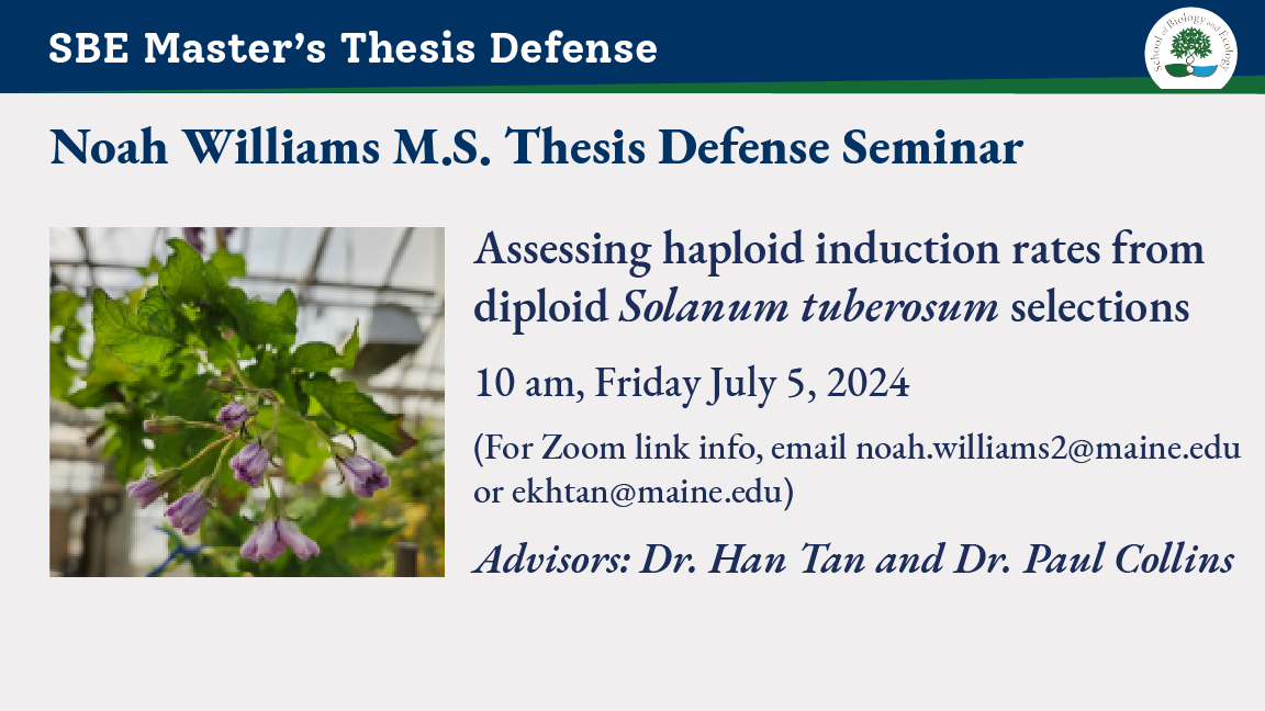 Noah Williams thesis defense seminar ad with photo of plant with light purple flowers and wide green leaves