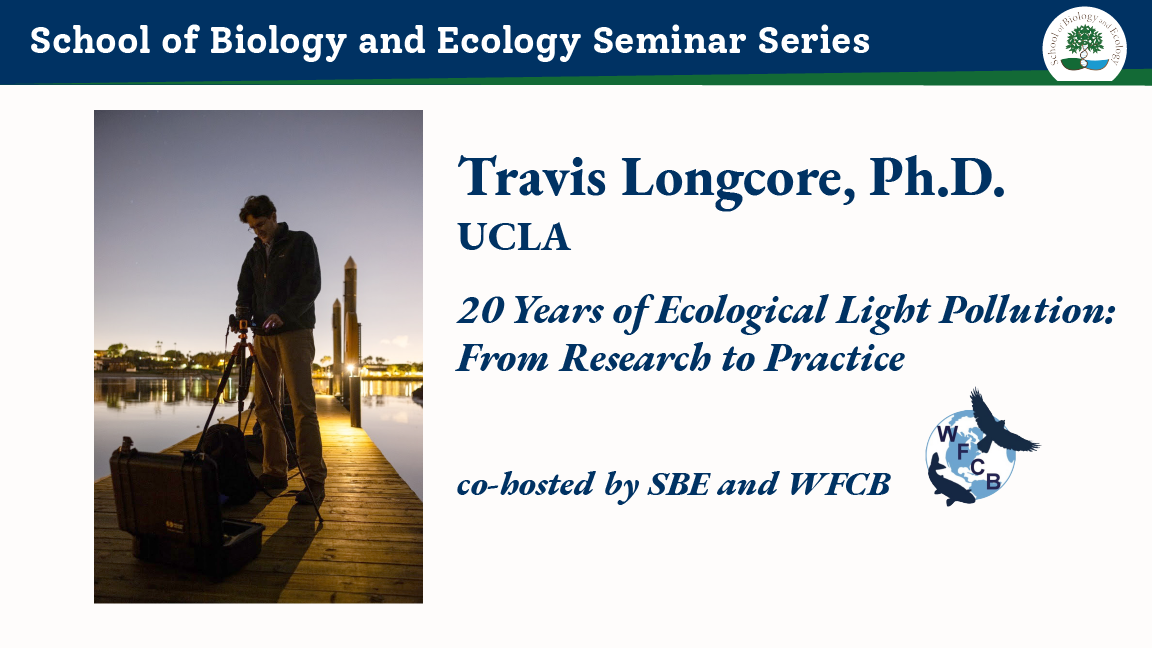 Travis Longcore event banner including photo of man standing on a dock in twilight, working with photo equipment.