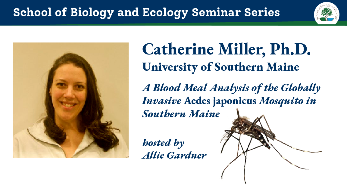 Banner advertising Catherine Miller, PhD seminar with head shot of woman with long brown hair, and a photo of a mosquito