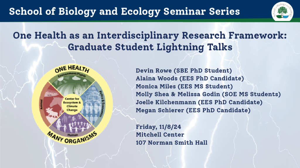 Ad for One Health Graduate Student Lightning Talks, with One Health logo and list of speakers: Devin Rowe, Alaina Woods, Monica MIles, Molly Shae & Melissa Godin, Joelle Kilchenmann, and Megan Schierer