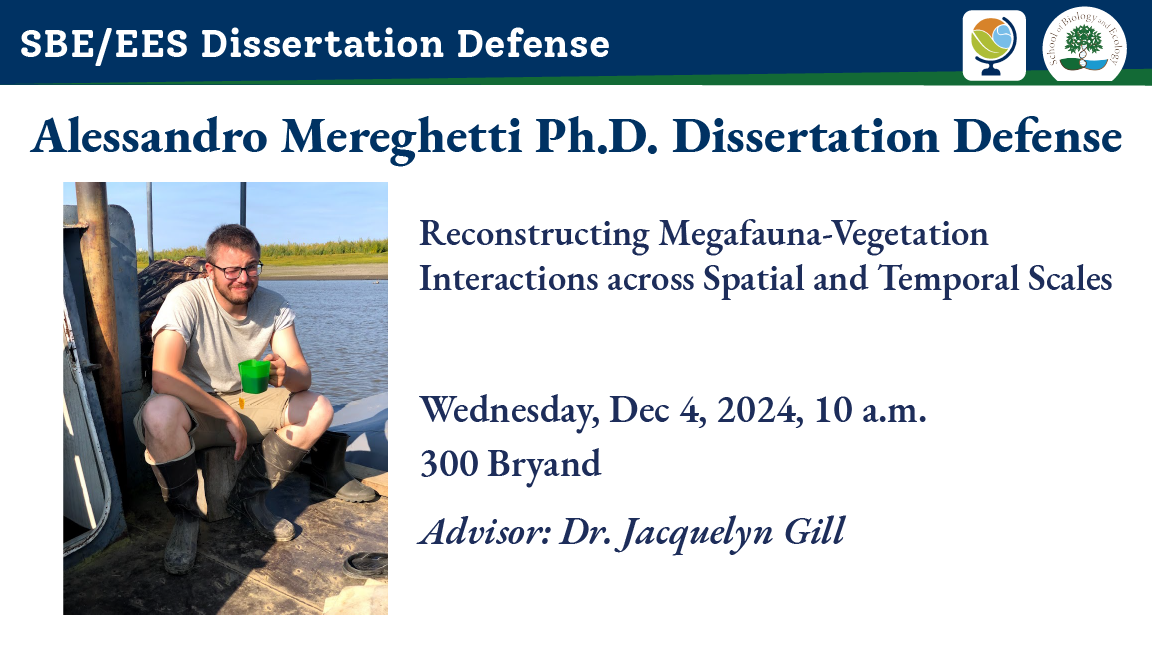 Ad for Mereghetti PhD Dissertation Defense, with photo of Alexander squatting on a pier, drinking a cup of coffee and squinting at the camera