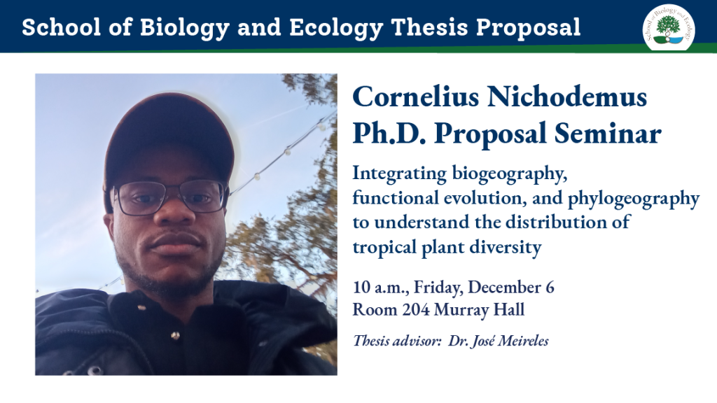 Cornelius Nichodemus thesis proposal seminar ad, with selfie photo of Cornelius wearing glasses and a winter coat and baseball cap, looking down at the camera