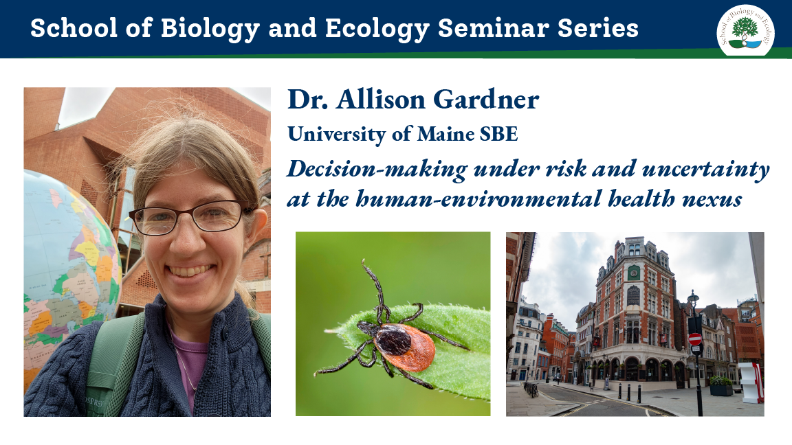 Seminar ad for Allie Gardner, with photo of Dr Gardner smiling, wearing glasses, standing beside a globe; a black-legged tick; a street scene in London