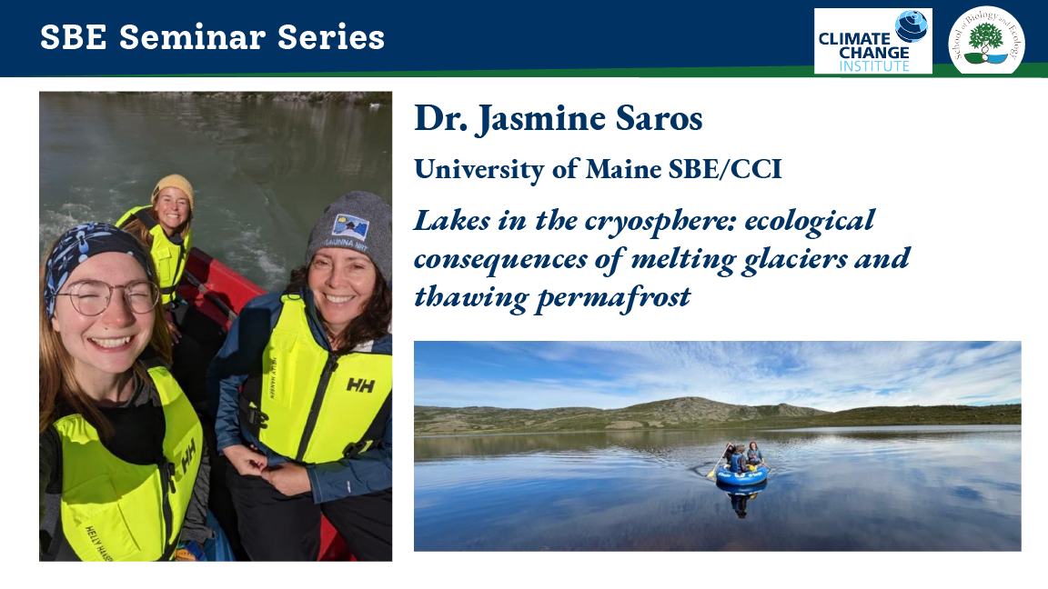 Ad for Jasmine Saros's seminar talk. Photo of three women in a boat, and photo of an inflatable on a wide lake.