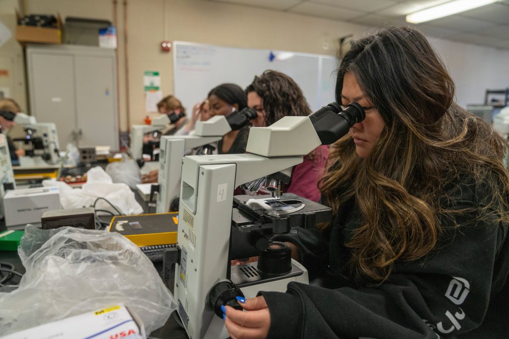 Students peering through microscopes